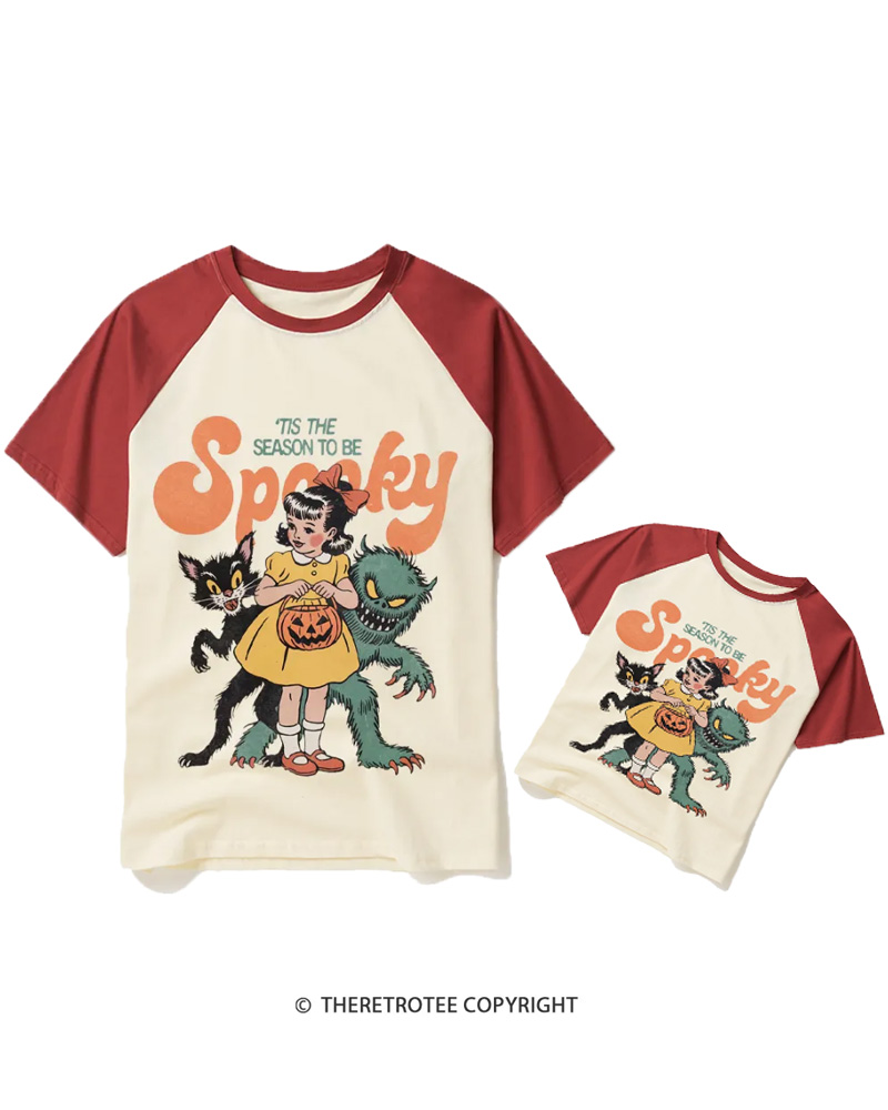 TheRetroTee Tis The Season To Be Spooky Halloween 1950s Halloween Raglan Baseball Family T-Shirt