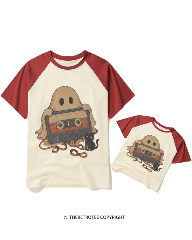 TheRetroTee Ghost Cassette Tape Halloween 1980s Halloween Raglan Baseball Family T-Shirt