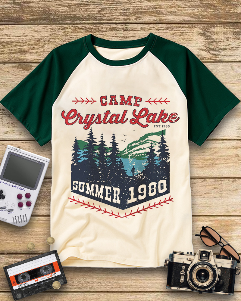 TheRetroTee Camp Crystal Lake Summer 1980 Vintage Halloween Raglan Baseball T-Shirt