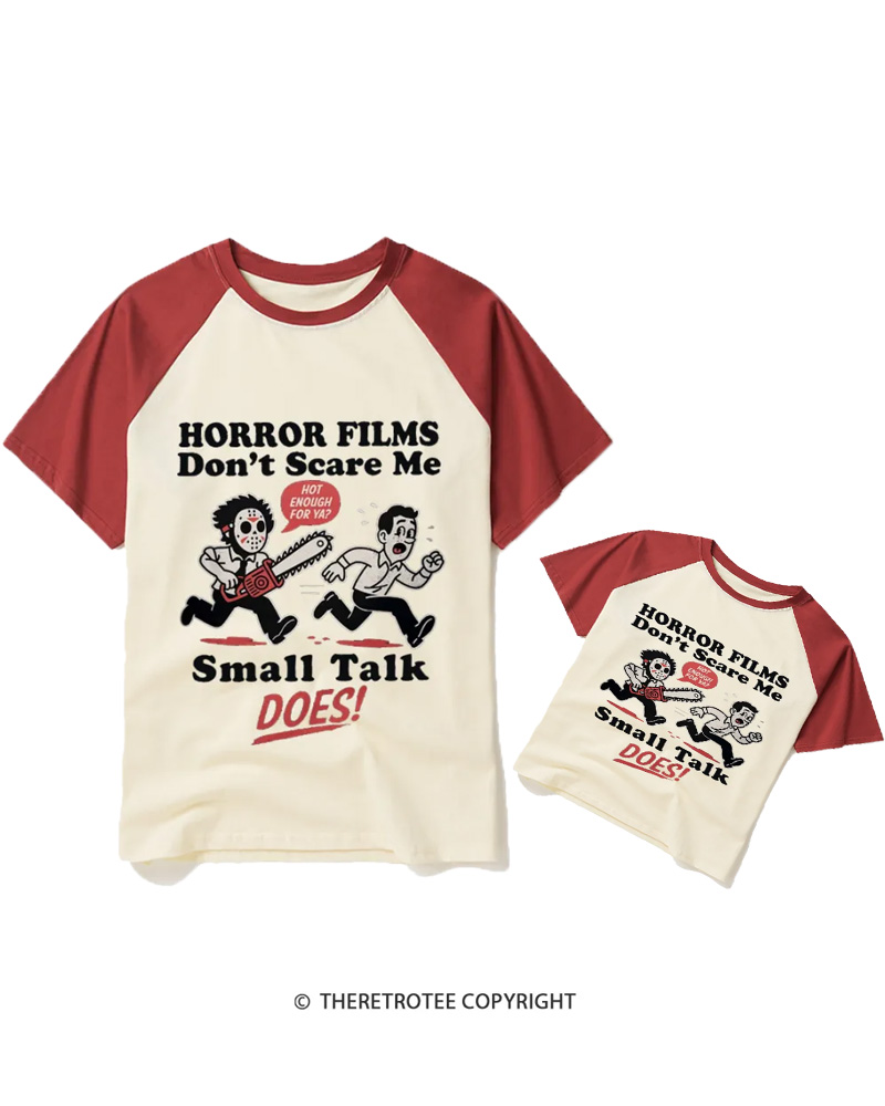 TheRetroTee Horror Small Talk 1980s Halloween Raglan Baseball Family T-Shirt