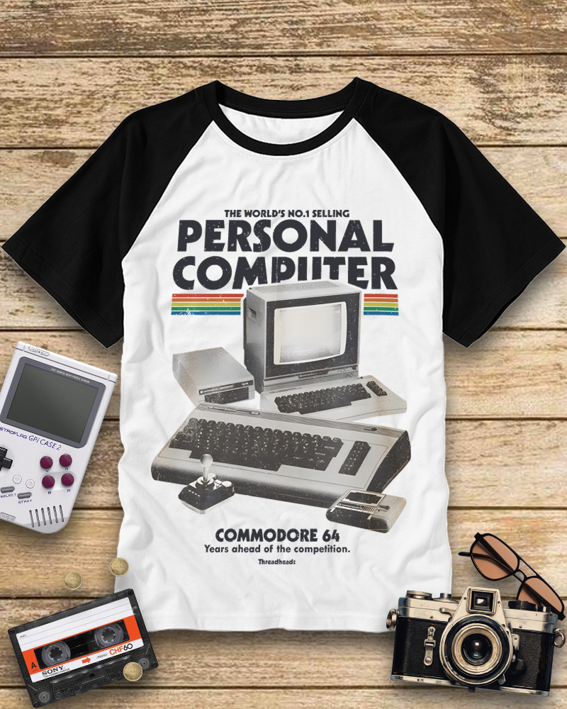 TheRetroTee Commodore 64 1980s Raglan Baseball T-Shirt