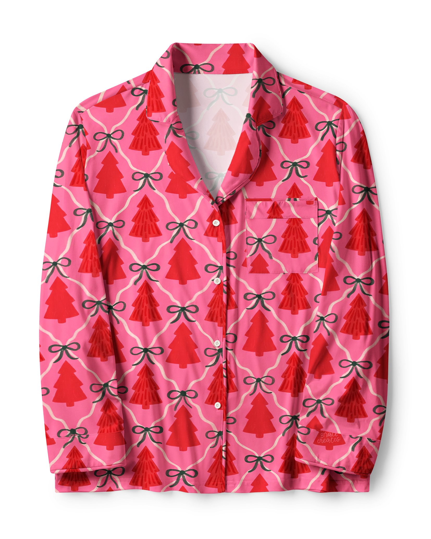 TheRetroTee Pink Tree Bow Lattice Vintage Pajama Set