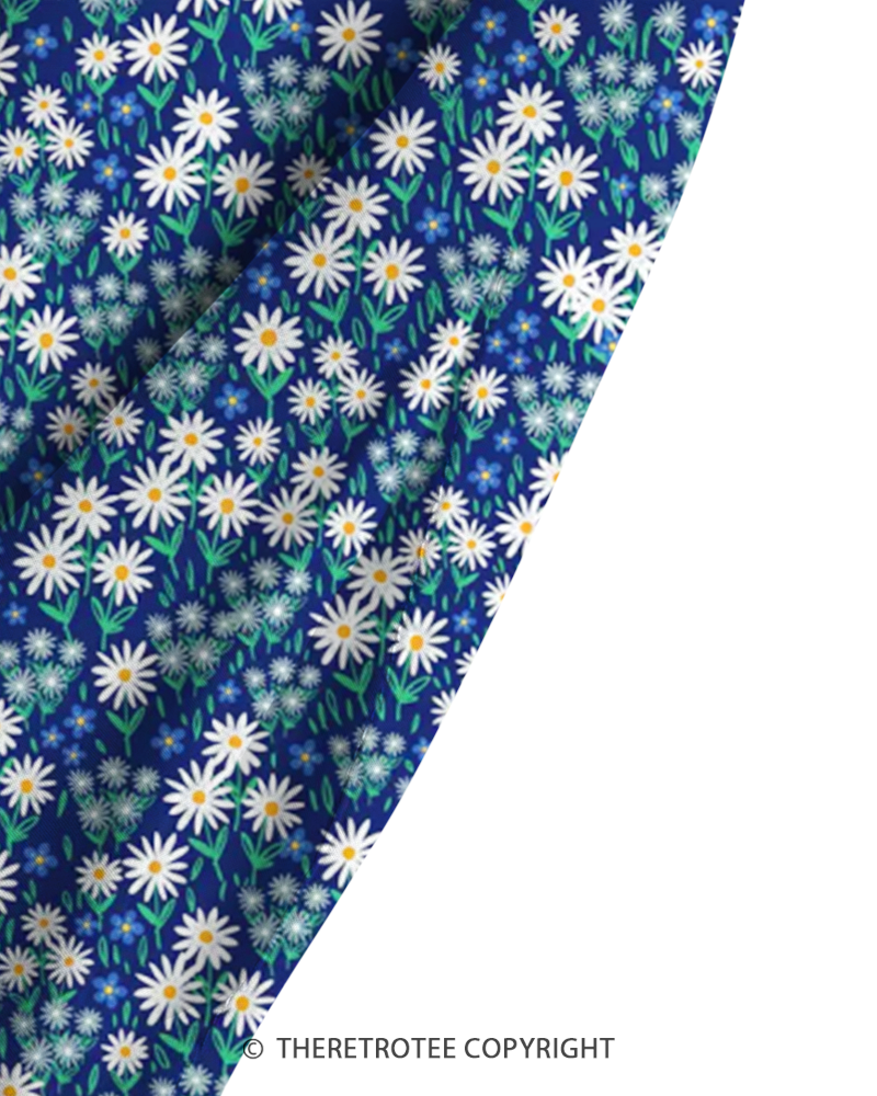 TheRetroTee 1970s Retro Blue Daisy Floral Boho Strappy Maxi Dress