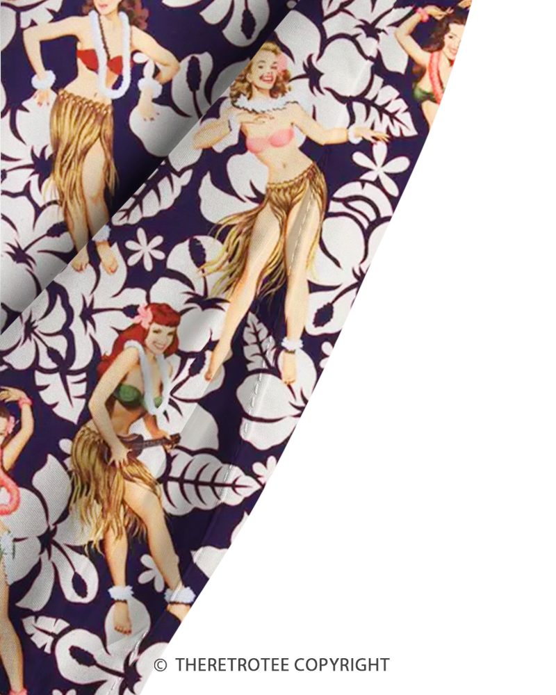 TheRetroTee 1950s Vintage Hawaiian Hula Girl Tropical Floral Strappy Maxi Dress