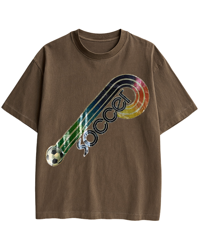 TheRetroTee 70s-80s Rainbow Glitter Soccer Iron Cotton T-Shirt