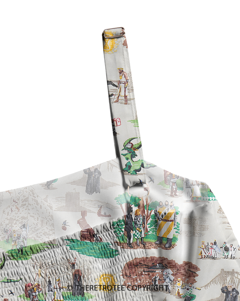 TheRetroTee 1970s Vintage Medieval Fantasy Toile Scene Print Strappy Maxi Dress