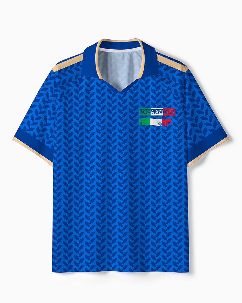 TheRetroTee Italy Blue Azzurri Olive Pattern Polo Mesh Jersey