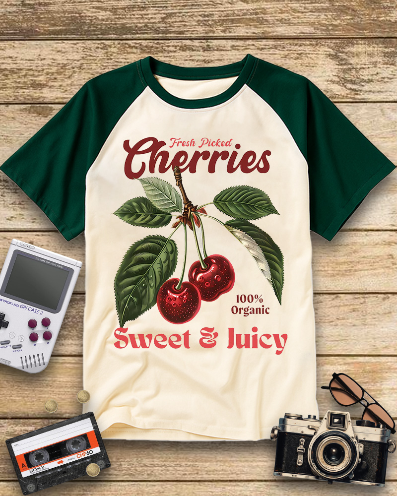 TheRetroTee Vintage Cherry Raglan Baseball T-Shirt