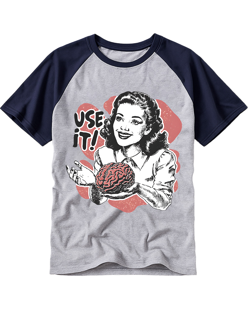 TheRetroTee Use Your Brain Sarcastic Vintage Raglan Baseball T-Shirt