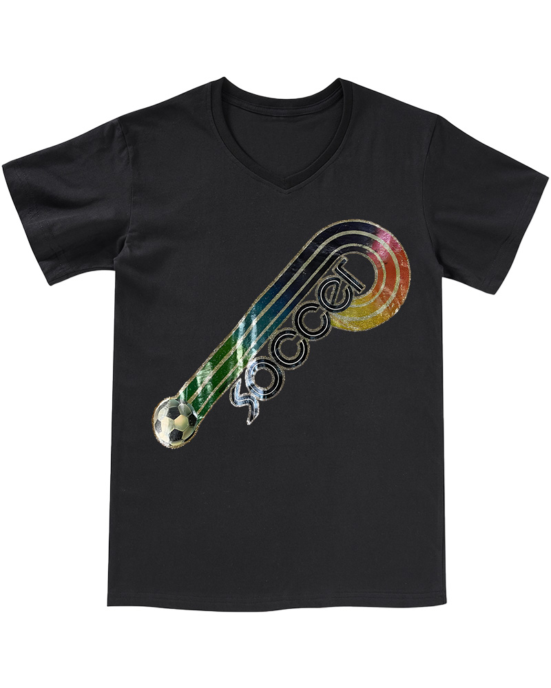 TheRetroTee 70s-80s Rainbow Glitter Soccer Iron V-neck T-Shirt