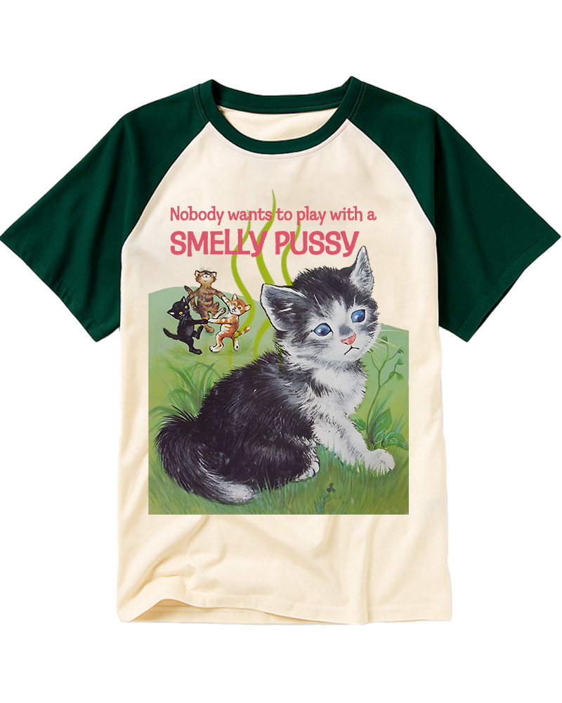 TheRetroTee Nobody Wants to Play with a Smelly Pussy 1950s Raglan Baseball T-Shirt
