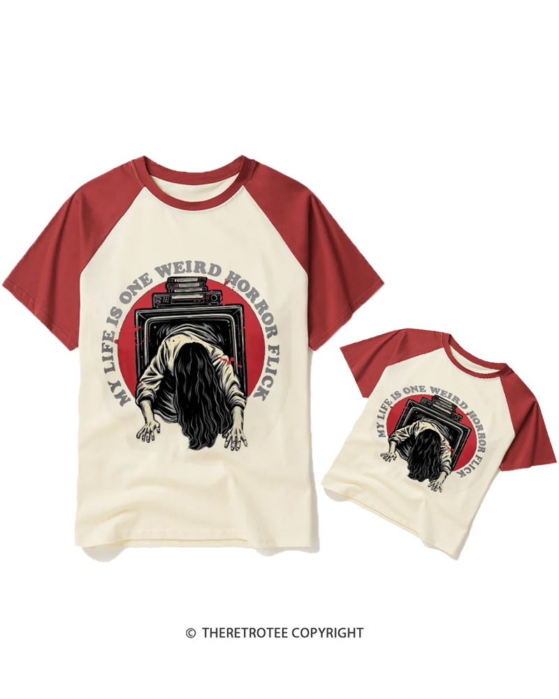 TheRetroTee My Life Is One Weird Horror Flick 1980s Halloween Raglan Baseball Family T-Shirt