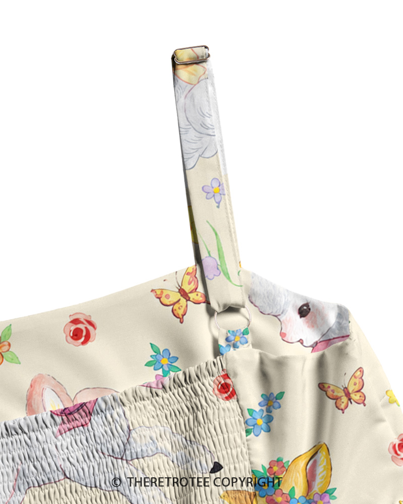 TheRetroTee 1950s Vintage Cute Kitsch Bunny Deer Animal Floral Strappy Maxi Dress