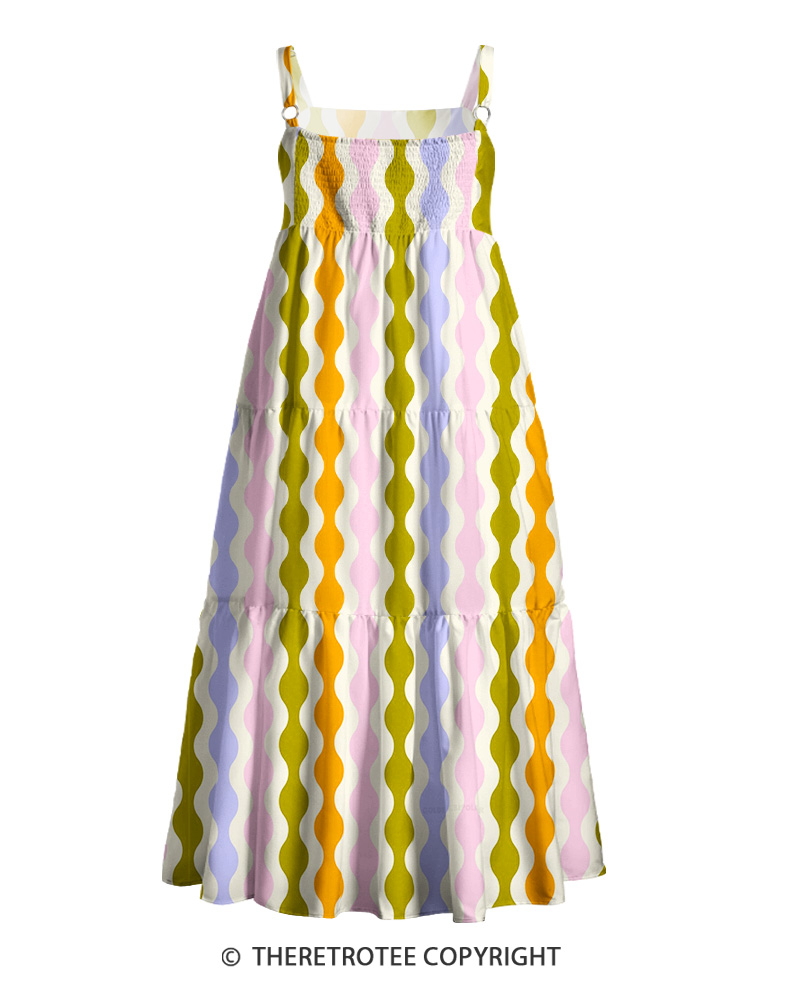 TheRetroTee 1970s Retro Groovy Wavy Stripe Pastel Boho Strappy Maxi Dress