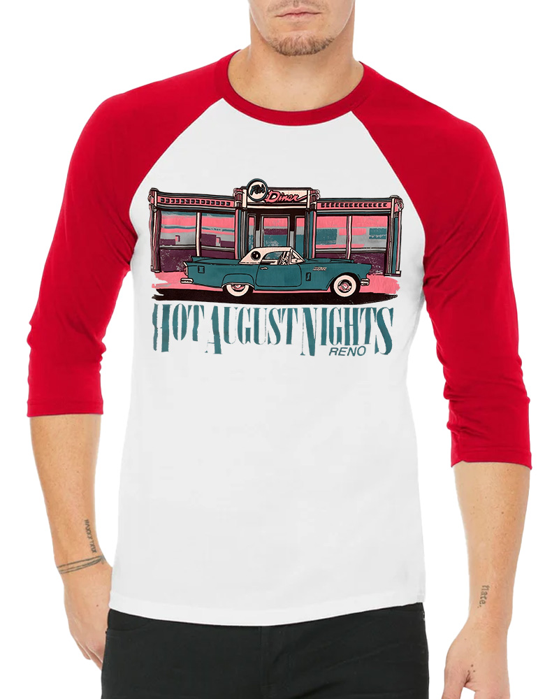 TheRetroTee Hot August Nights Reno Diner 1950s Long Sleeve Raglan T-Shirt