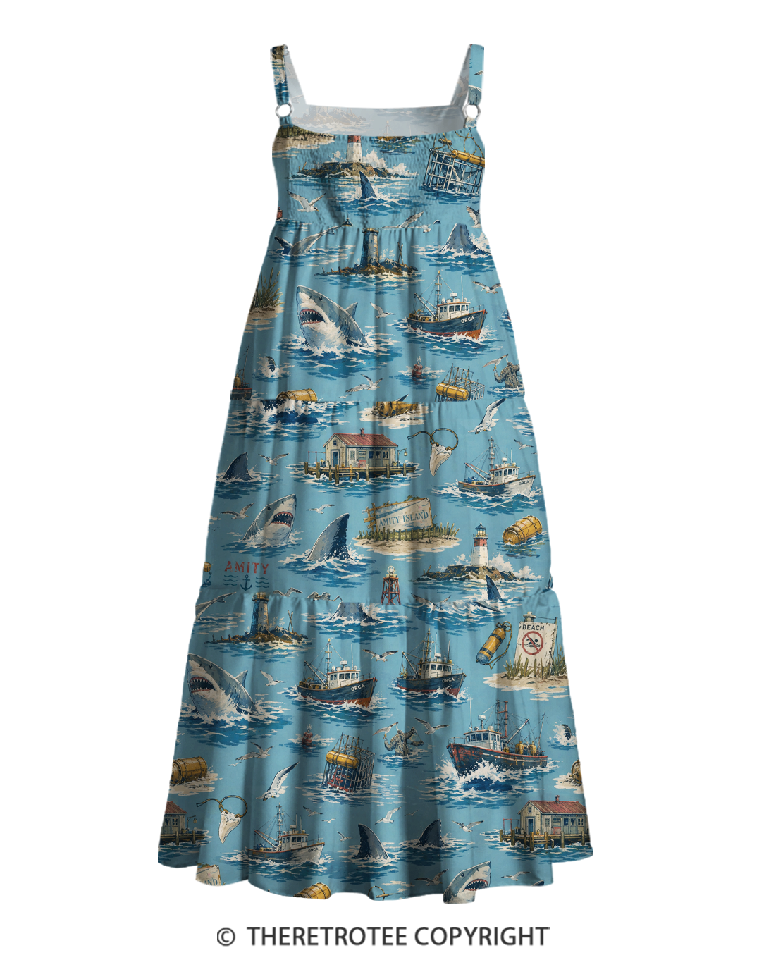 TheRetroTee 1970s Vintage Shark Ocean Nautical Adventure Graphic Strappy Maxi Dress
