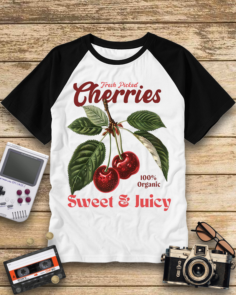 TheRetroTee Vintage Cherry Raglan Baseball T-Shirt
