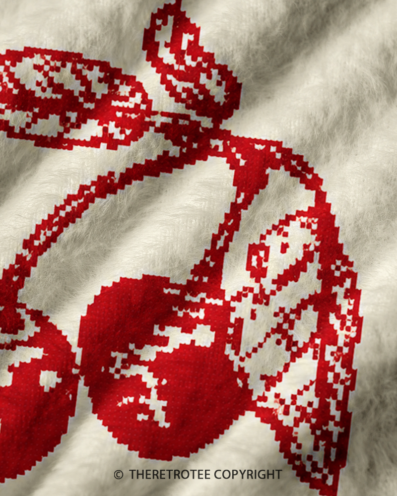 TheRetroTee Vintage 1970s Cream Cherry Motif V-Neck Sweater Vest