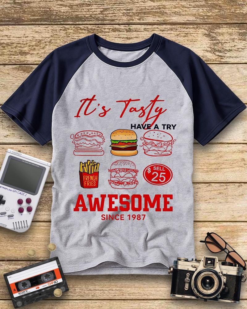 TheRetroTee Hamburger 1980s Raglan Baseball T-Shirt