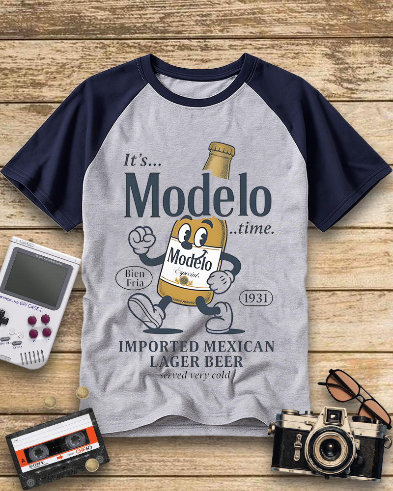 TheRetroTee Modelo Time Beer 1950s Raglan Baseball T-Shirt