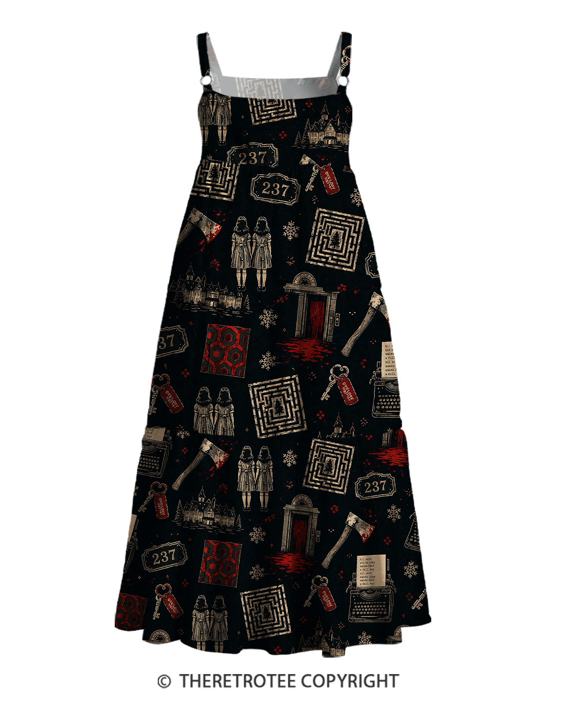 TheRetroTee Vintage Horror Haunted Hotel Dark Graphic Strappy Maxi Dress