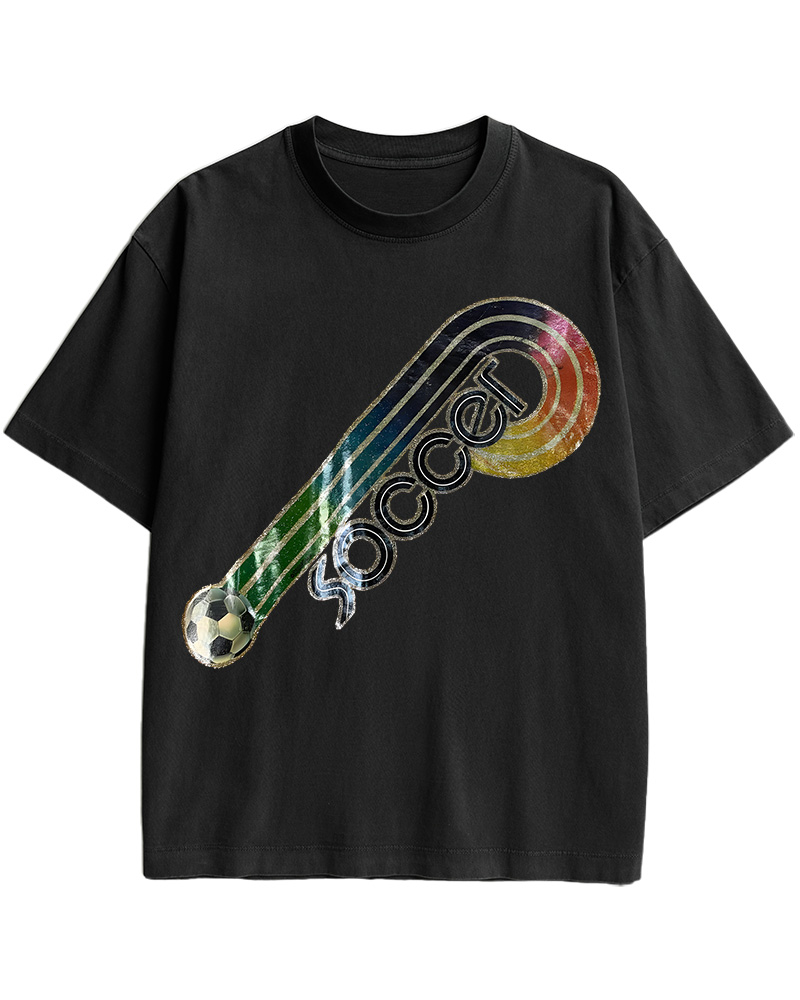TheRetroTee 70s-80s Rainbow Glitter Soccer Iron Cotton T-Shirt