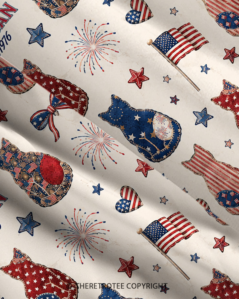 TheRetroTee Stars & Stripes Cat Parade 1970s Strappy Maxi Dress