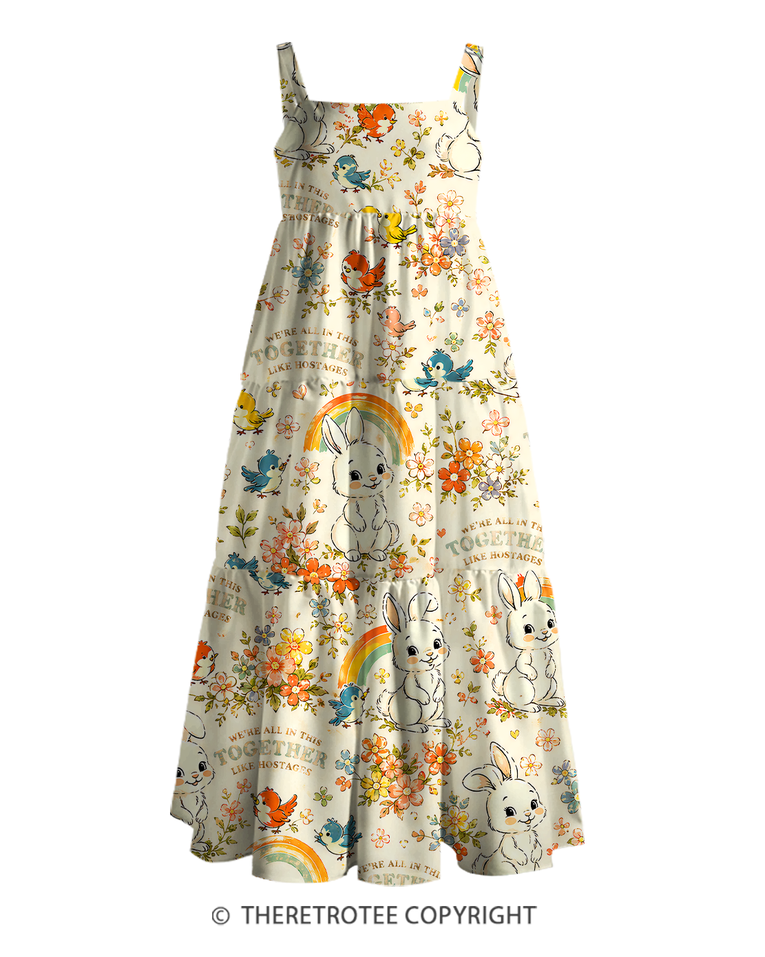 TheRetroTee 1950s Cute Office Bunny Print Strap Maxi Dress