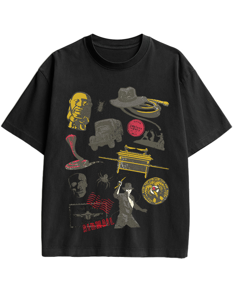 TheRetroTee Indiana Jones Adventure Collage 1980s Cotton T-Shirt