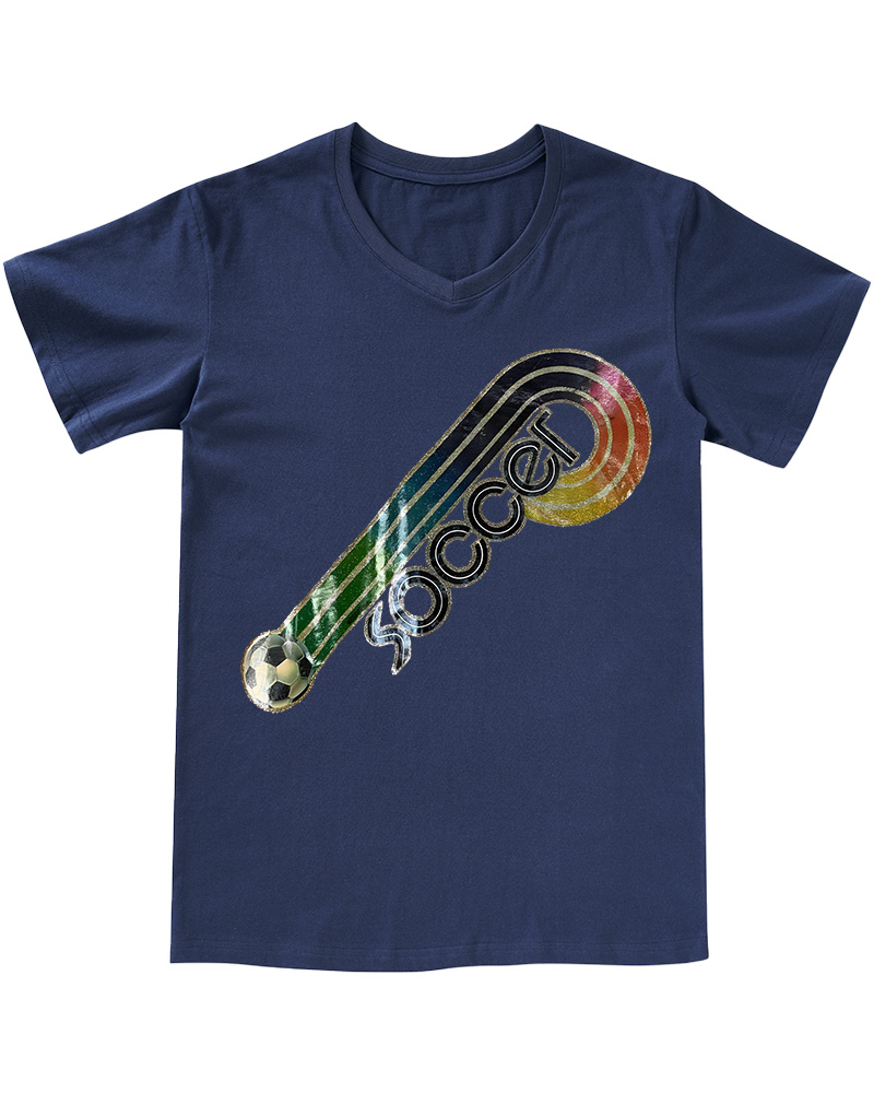 TheRetroTee 70s-80s Rainbow Glitter Soccer Iron V-neck T-Shirt