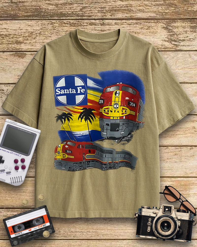 TheRetroTee 1990s Santa Fe Railroad 304 Train Cotton T-Shirt