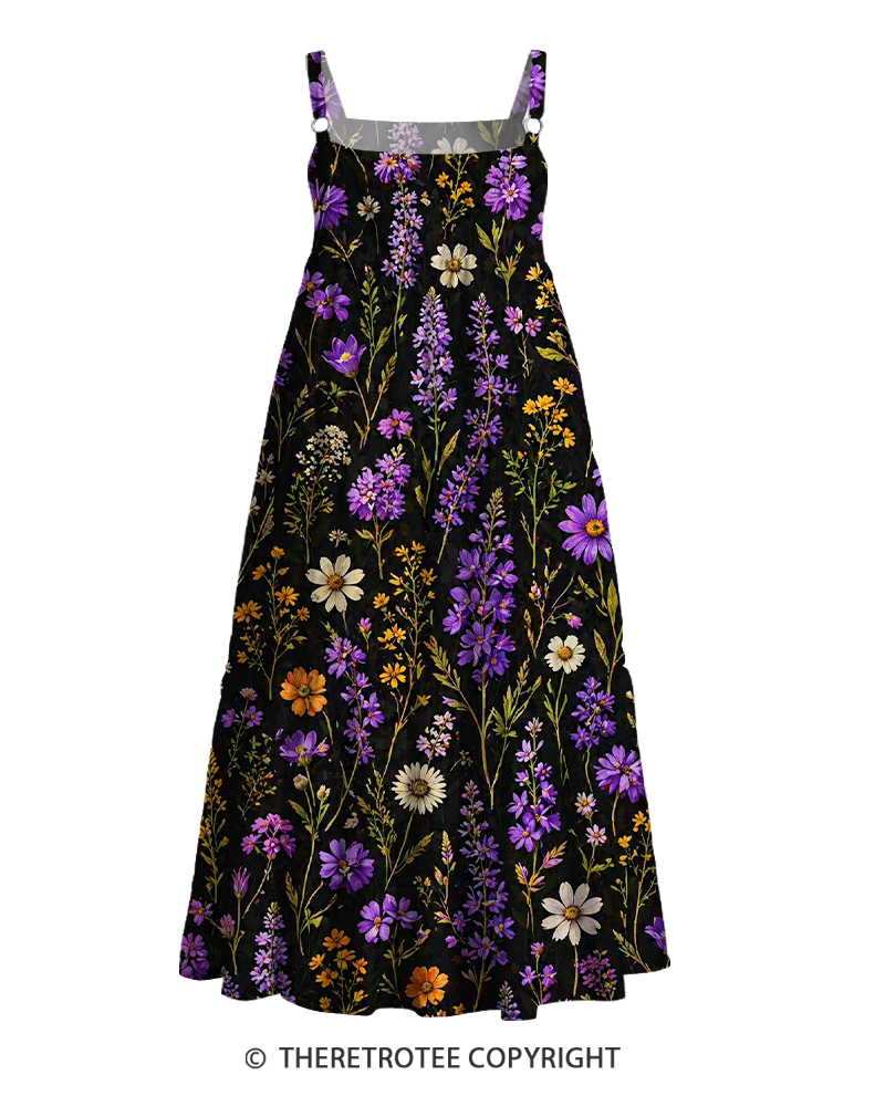 TheRetroTee 1970s Vintage Dark Floral Purple Wildflower Cottagecore Strappy Maxi Dress