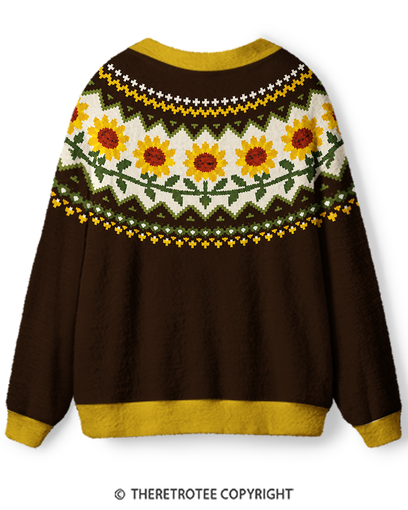TheRetroTee Vintage 1970s Golden Sunflower Unisex Cardigan Sweater