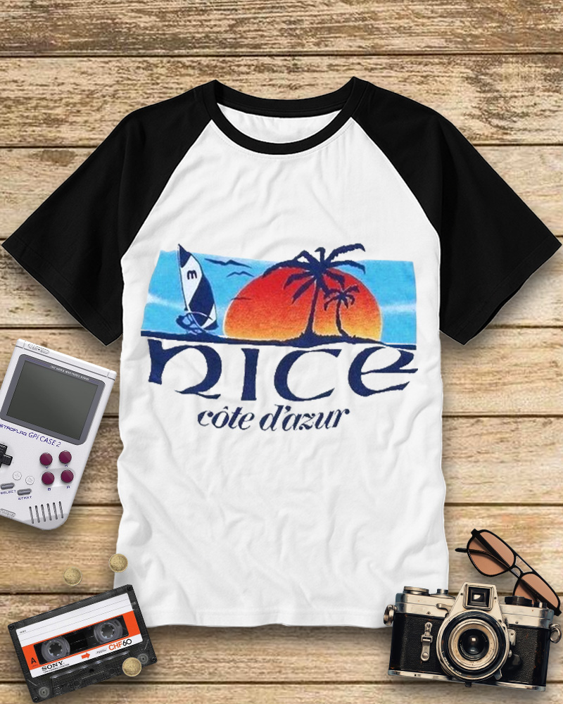 TheRetroTee Vintage Sunset on the French Riviera Raglan Baseball T-Shirt