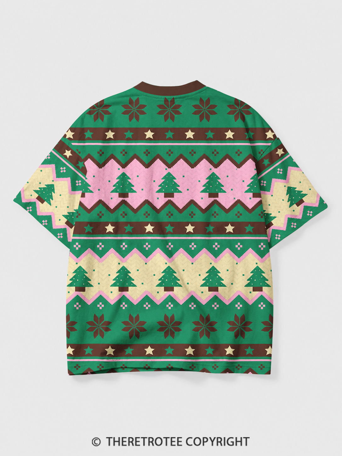 TheRetroTee Christmas Tree Fair Isle Eco Oversized Striped Ringer T-Shirt