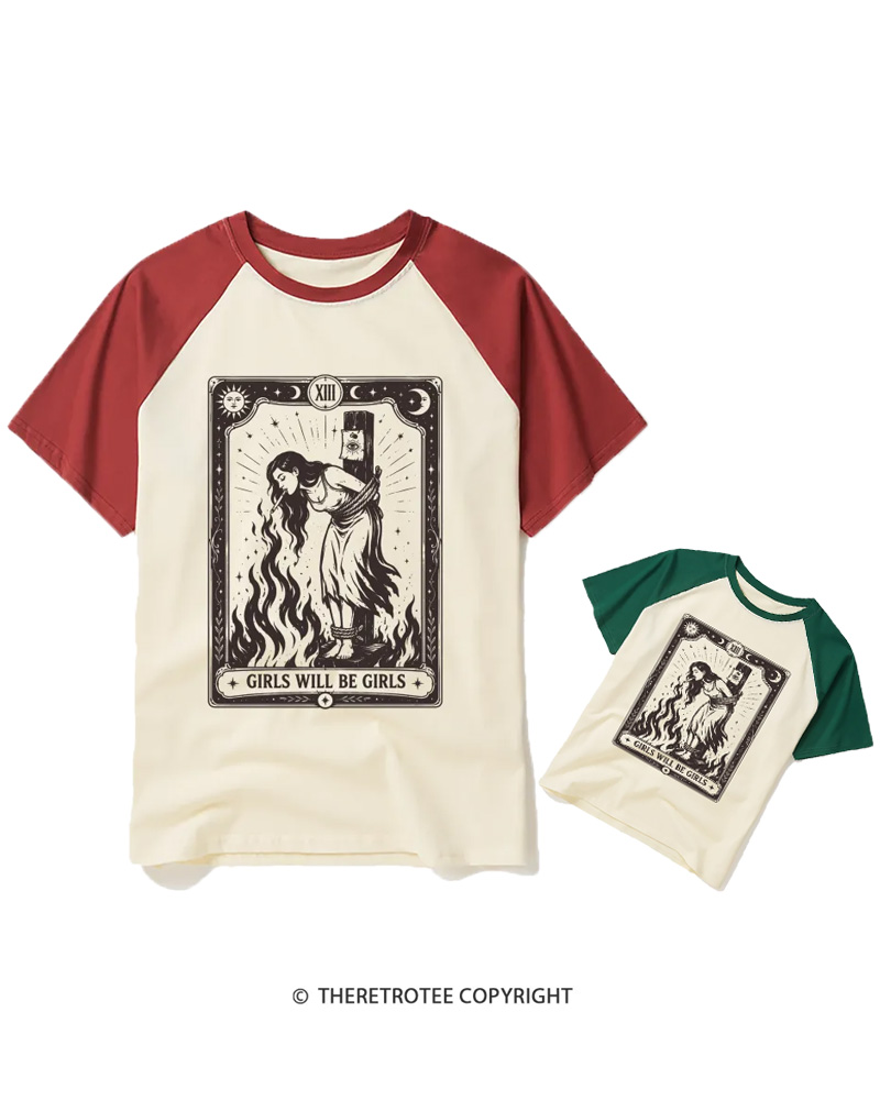 TheRetroTee Girls Will Be Girls Witch With Sigarete 1960s Halloween Raglan Baseball Family T-Shirt