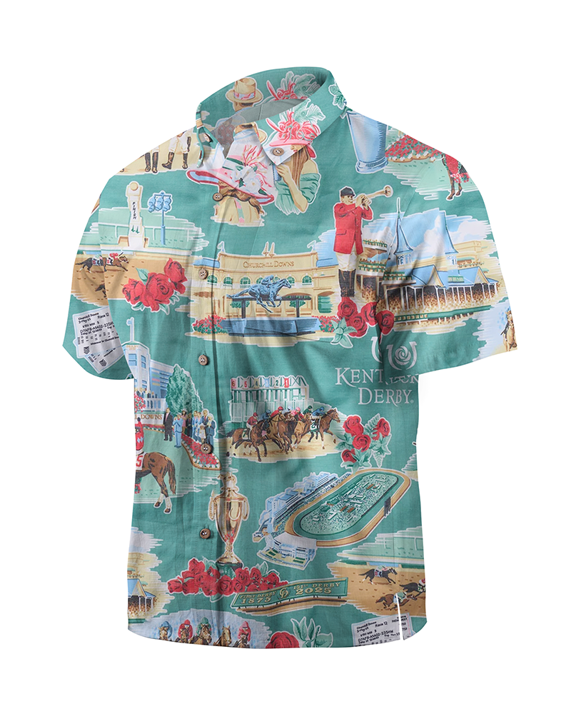TheRetroTee Kentucky Derby 151st Anniversary Performance Button Front Hawaiian Shirt