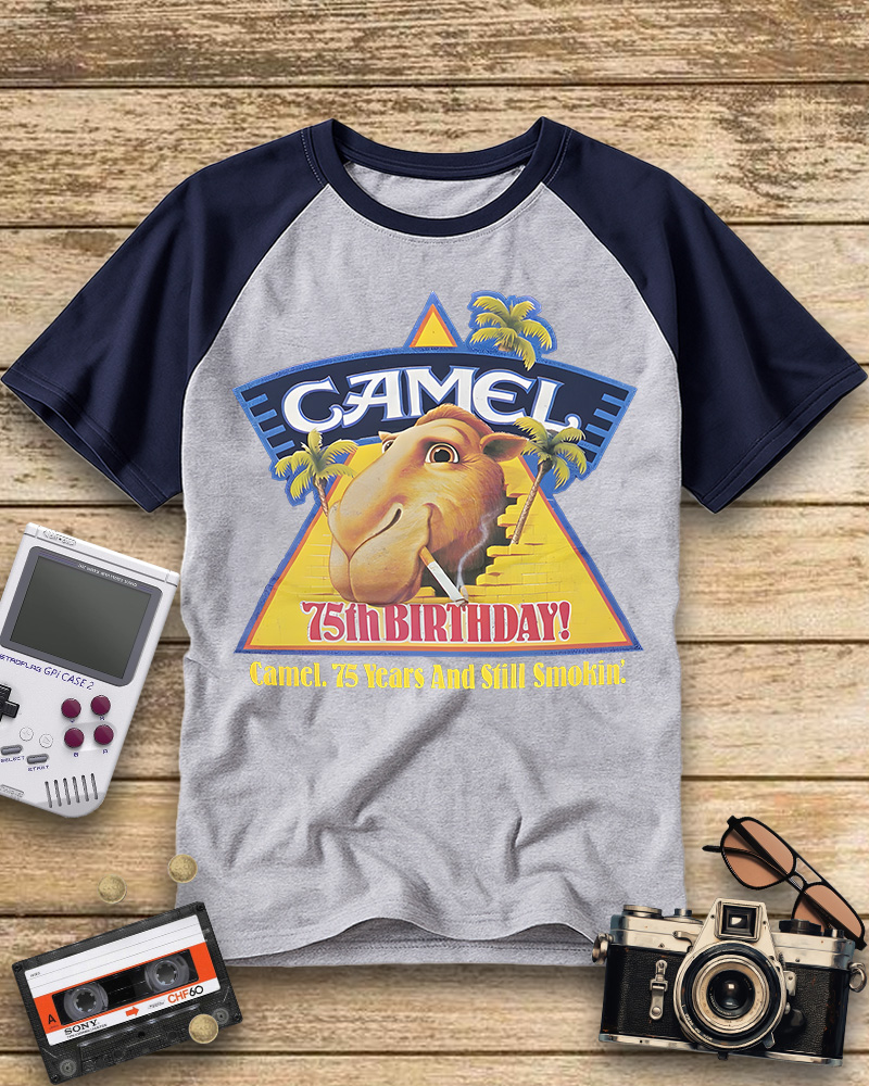 TheRetroTee Camel cigarettes smokin' 1970s Raglan Baseball T-Shirt