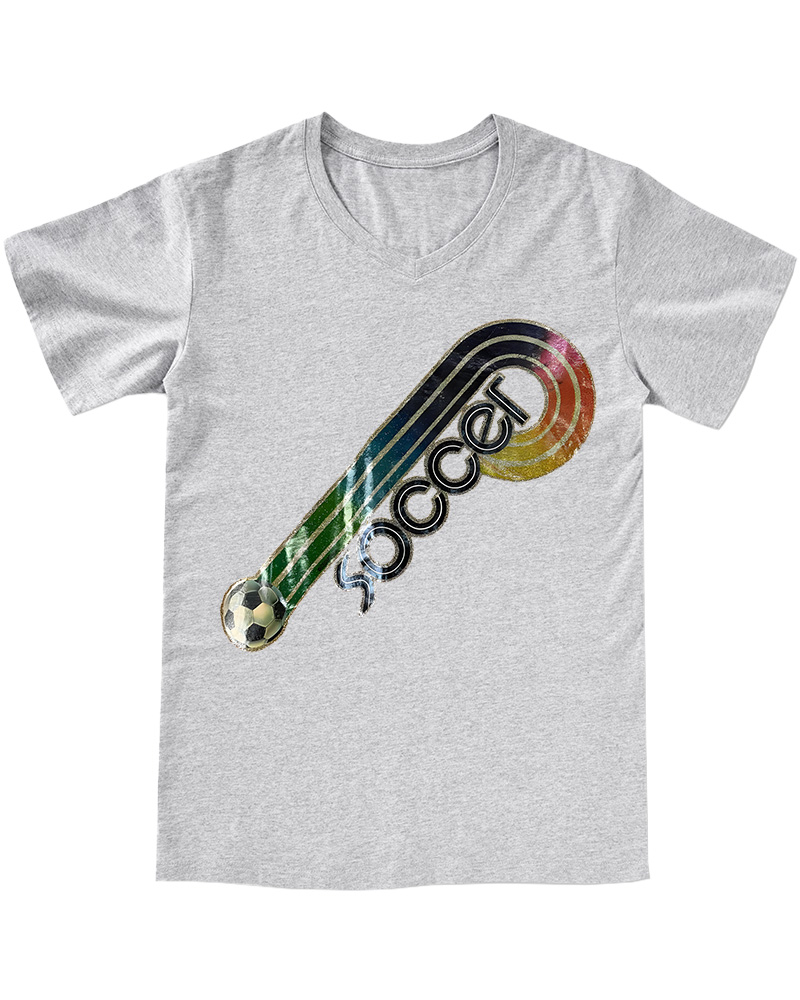 TheRetroTee 70s-80s Rainbow Glitter Soccer Iron V-neck T-Shirt