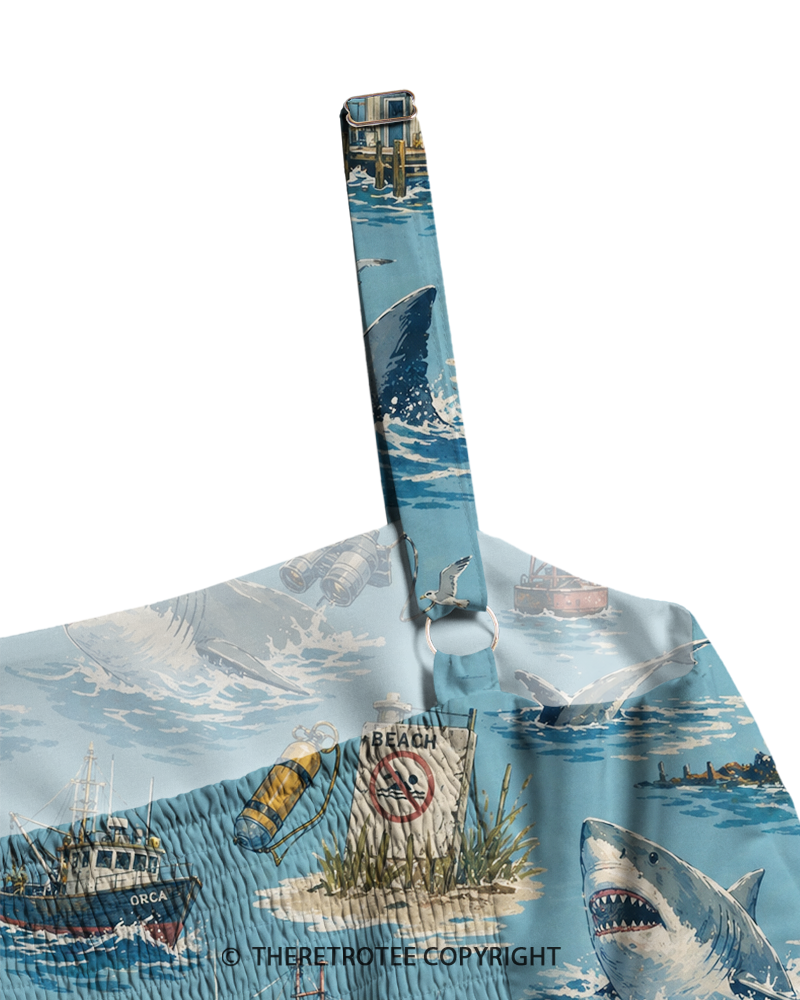 TheRetroTee 1970s Vintage Shark Ocean Nautical Adventure Graphic Strappy Maxi Dress