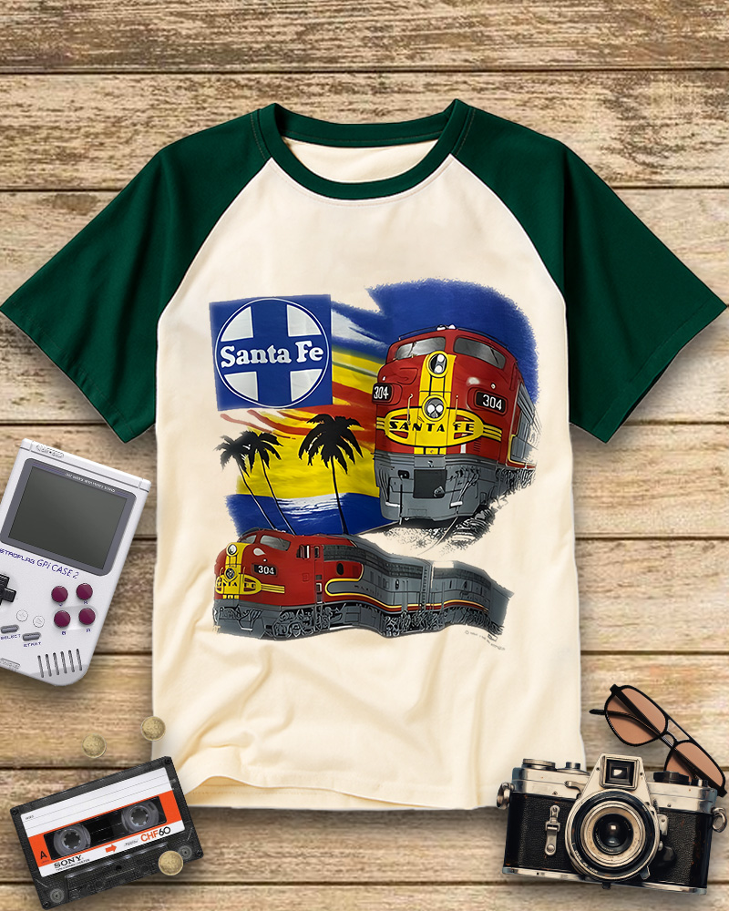 TheRetroTee 1990s Santa Fe Railroad 304 Train Raglan Baseball T-Shirt