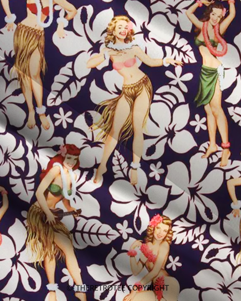 TheRetroTee 1950s Vintage Hawaiian Hula Girl Tropical Floral Strappy Maxi Dress