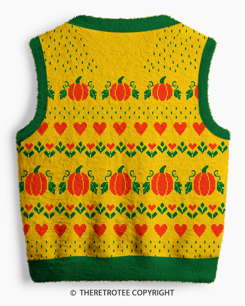 TheRetroTee Vintage 1970s Golden Harvest Pumpkin Heart V-Neck Sweater Vest