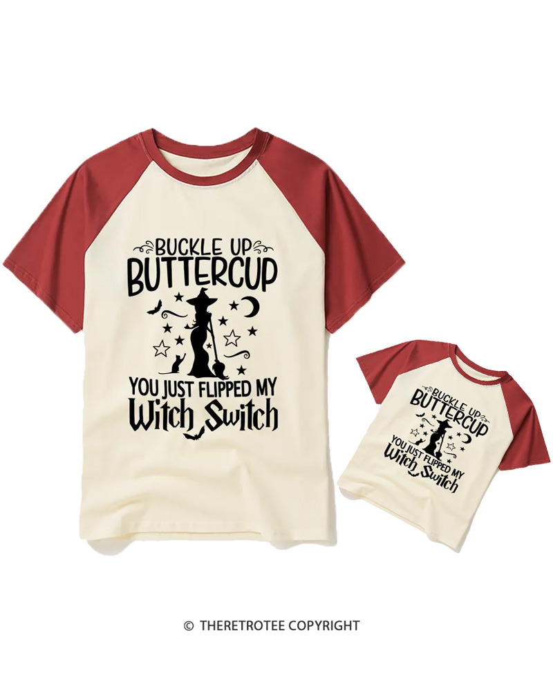 TheRetroTee Buckle Up Buttercup Witch Halloween Raglan Baseball Family T-Shirt