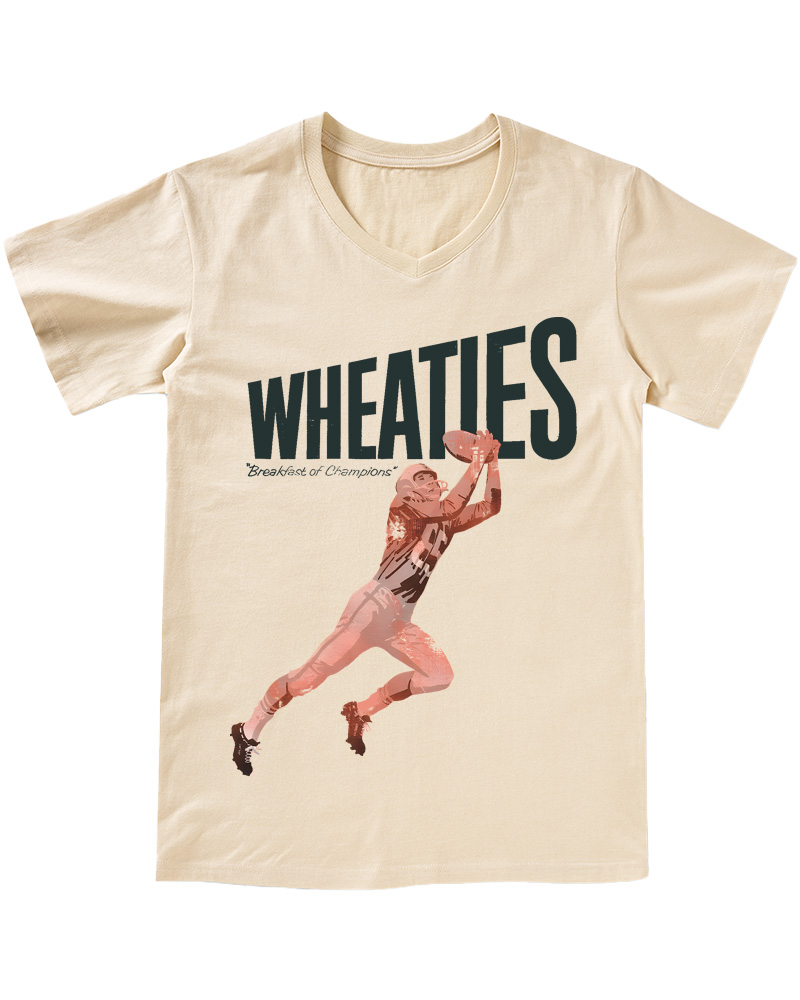 TheRetroTee Wheaties Breakfast of Champions Football Player 1970s V-neck T-Shirt
