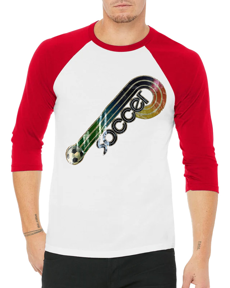 TheRetroTee 70s-80s Rainbow Glitter Soccer Iron Long Sleeve Raglan T-Shirt