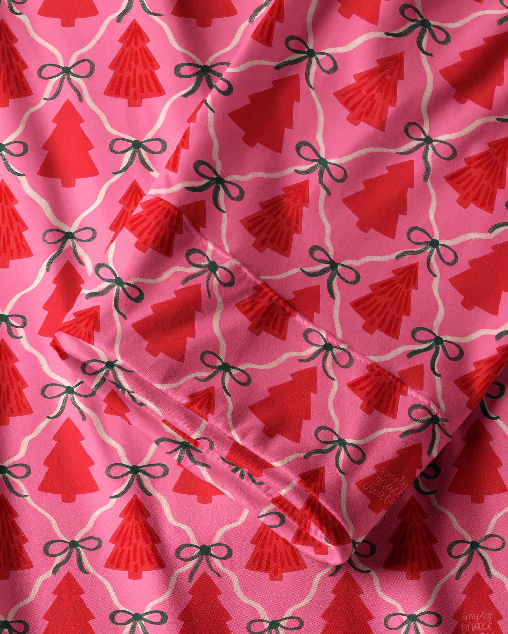 TheRetroTee Pink Tree Bow Lattice Vintage Pajama Set