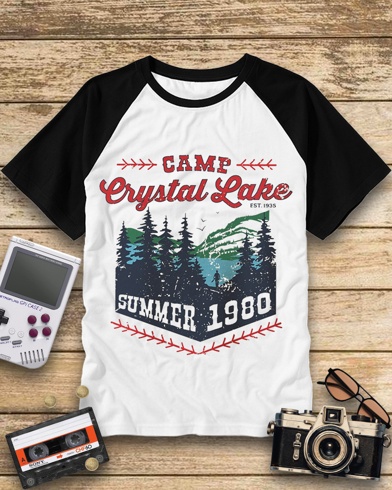 TheRetroTee Camp Crystal Lake Summer 1980 Vintage Halloween Raglan Baseball T-Shirt
