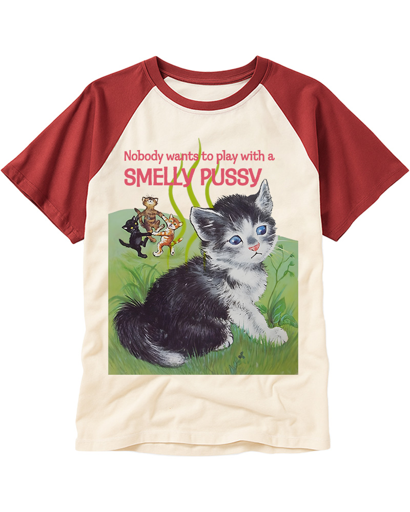 TheRetroTee Nobody Wants to Play with a Smelly Pussy 1950s Raglan Baseball T-Shirt