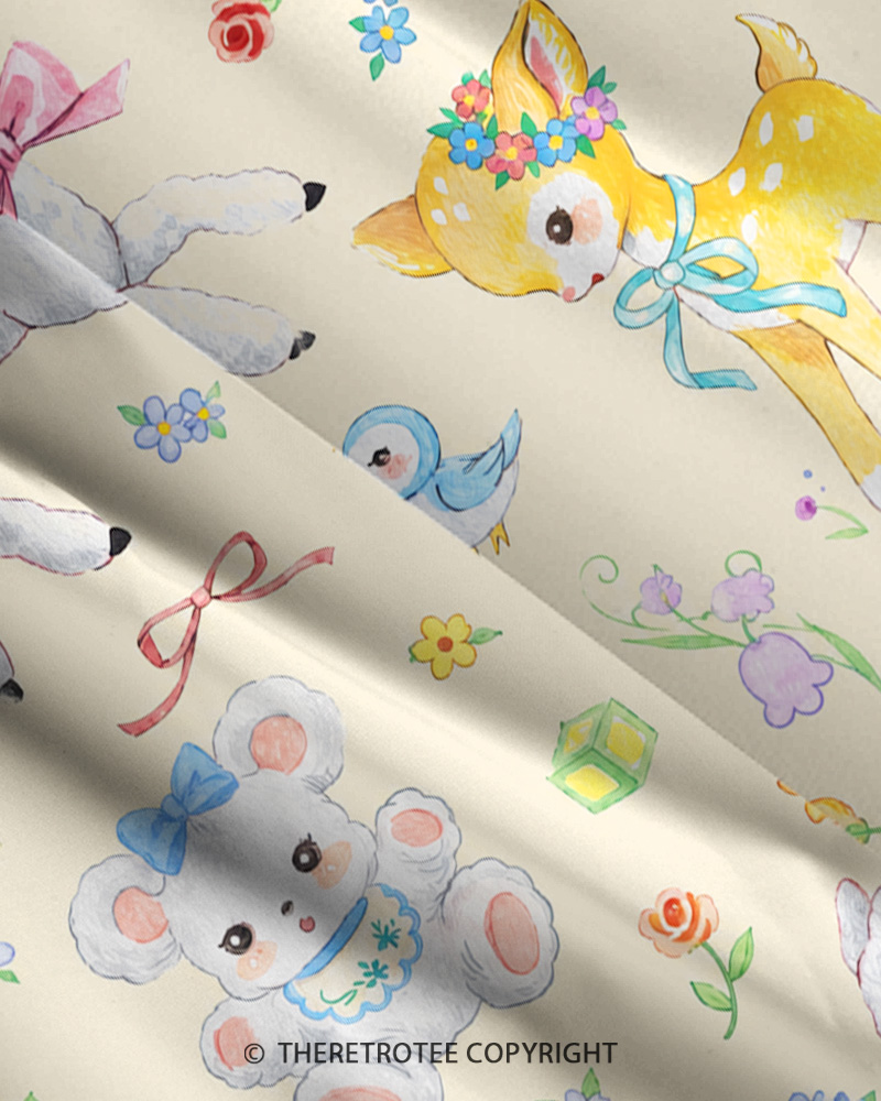 TheRetroTee 1950s Vintage Cute Kitsch Bunny Deer Animal Floral Strappy Maxi Dress